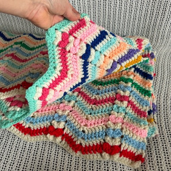 Handmade Crocheted Afghan Blanket Throw – Multicolor Chevron Approx. 64” x 52”